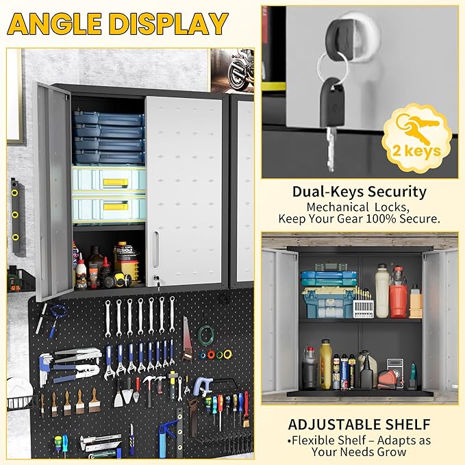 Garage Storage Cabinets Wall Mount, Locking Metal Wall Cabinets with Doors and Adjustable Shelves, Floating Hanging Storage Cabinet for Garage, Basement