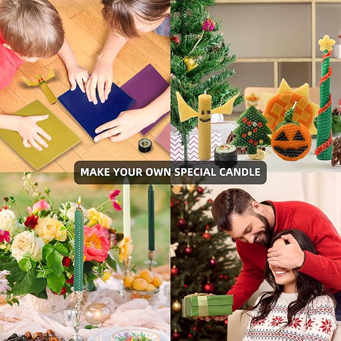 kissingfish Beeswax Candle Making Kit, Colored Beeswax Candle Sheets 12 Pcs, Full DIY Candle Making Kit Include 10 Cotton Candle Wicks,6 Bee Ornaments Decor, 50cm Lace, 6 Gift Tags with Paper Rope