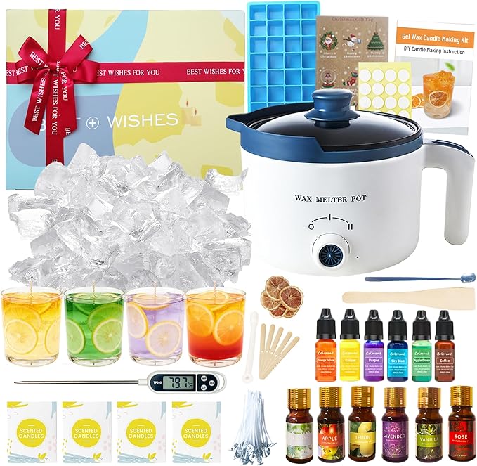 Gel Wax for Candle Making Clear Kit for Adults, DIY Transparent Jelly Wax Set with Electric Melter, Glass Jars, Wick, Dyes and Scents
