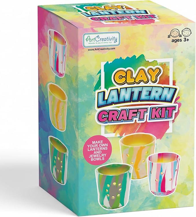 ArtCreativity DIY Clay Lanterns Making Kit - Makes 3 Lanterns and 3 Jewelry Bowls - Kids Lantern Making Kit with 12 Clay Packages, 3 Battery Tea Light Candles, Sticker Gems, and More Craft Supplies