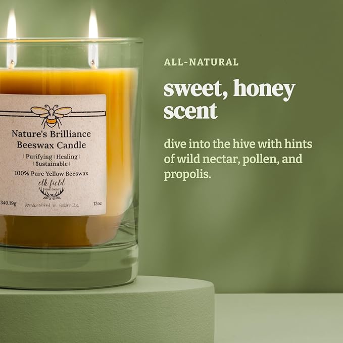 100% Pure Colorado Beeswax Candle | 1 Ingredient, Handpoured in Golden, CO - Natural Honey Scent, Non Toxic, Organic, Glass Jar, Two Cotton Wicks, 80 Hour, 12oz