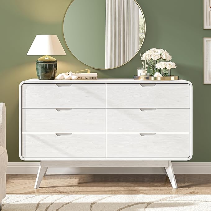 White Modern 6-Drawer Dresser & TV Stand, 47" Wide Storage Cabinet with Unique Wooden Handles, Mid-Century Style Chest of Drawers for Bedroom, Living Room, Hallway