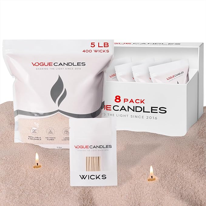 Vogue Candles Nude Pearled Candle Sand Wax (5 LB) – Mother’s Day Candle Kit with 400 Cotton Wicks for DIY Home Lighting – Plant-Based & Reusable Wax Granules Refill for Custom Vessels (8 Pack)