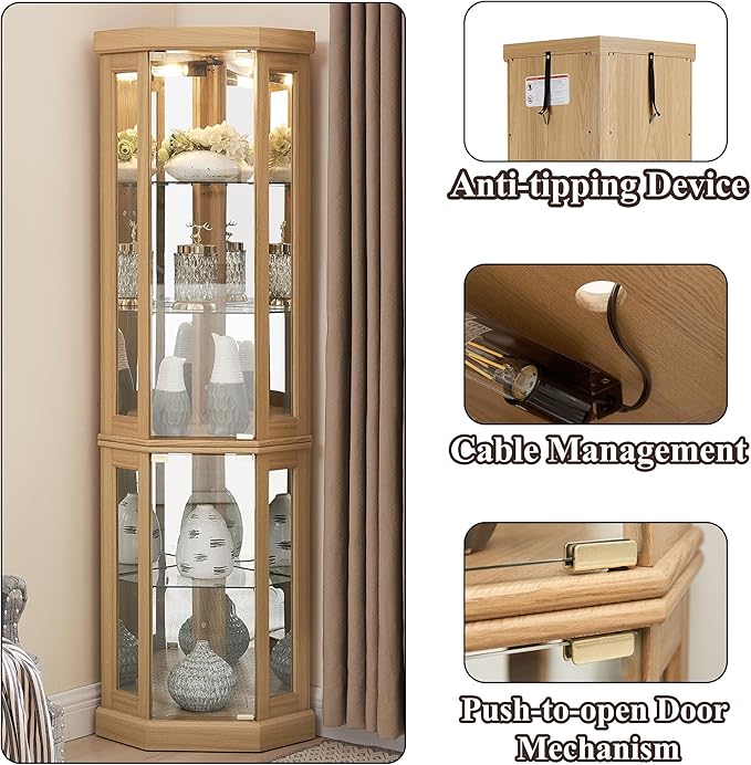 69" H Lighted Curio Cabinet Corner Display Case,Corner Glass Cabinets with Tempered Glass Door and Adjustable Shelves,Wooden Curio Cabinet with Mirrored Back Pane (Style 2 - Light Oak)