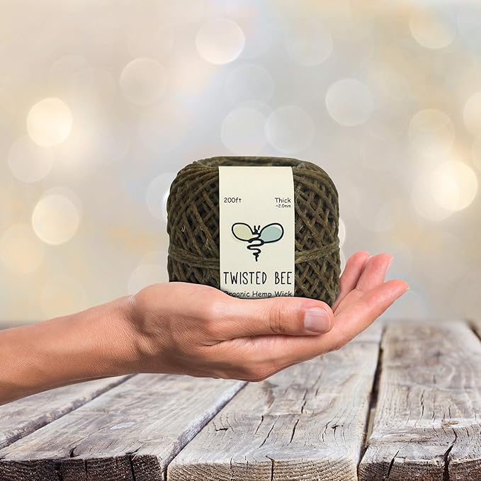 100% Organic Hemp Wick with Natural Beeswax Coating, Twisted Bee (200ft x Thick Diameter)