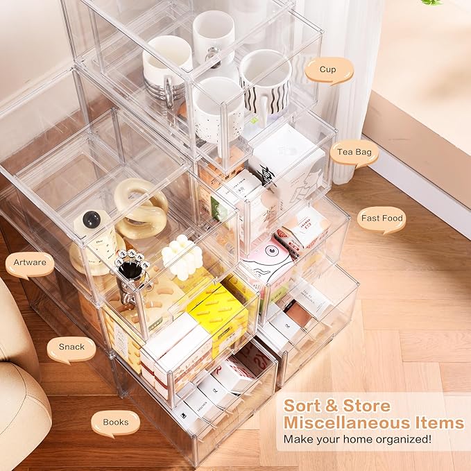 DILIBRA 2 Packs Large Stackable Storage Drawers, Plastic Clear Bathroom Make up Under Sink Drawer Organizers, Acrylic Bathroom Storage Bins for Cabinet Closet Office Kitchen Pantry Snacks Organization