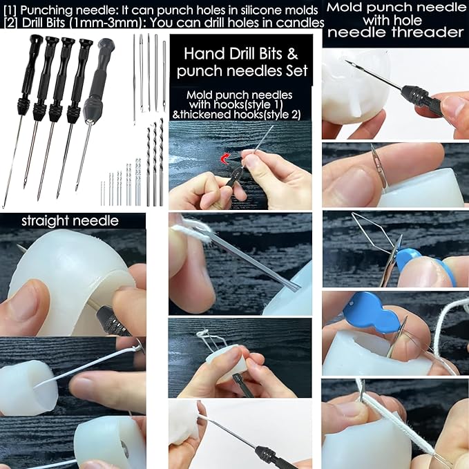 45PCS Candle Making Kit for Candle Drilling&Mold Punching,7.9" Extra Long Big Eye Needle Hand Twist Drill Bits Multi Sizes with Plastic Box,Candle Mold Punch Set with Hook Eye for Inserting Mold Wicks
