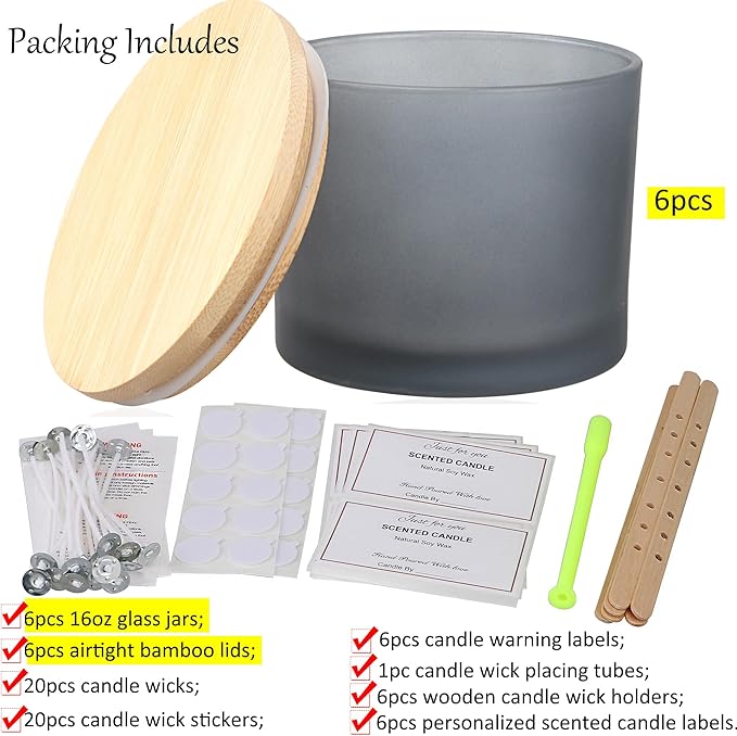 MILIVIXAY 6 Pack 16 oz Candle Jars with Bamboo Lids and Candle Making Kits - 3 Wick Candle Jar Bulk Empty Frosted Grey Thick Glass jars - Spice, Powde Spice, Powder Containers.