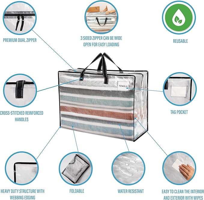 VENO 4 Pack Heavy Duty Moving Bags, Storage Bags, Packing Supplies, Top Zipper, Storage Totes for Camping, Clothes, Bedding, Comforters, Pillows (27 Gallon Clear, 4 Pack)