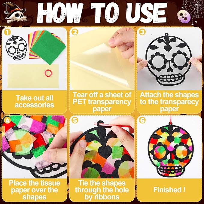 Qyeahkj 36 Set Day of The Dead Suncatchers Crafts for DIY Skull Window Tissue Paper Craft Kit Hanging Decor for Mexico Home Activity Art Project Birthday Party Favor Gift