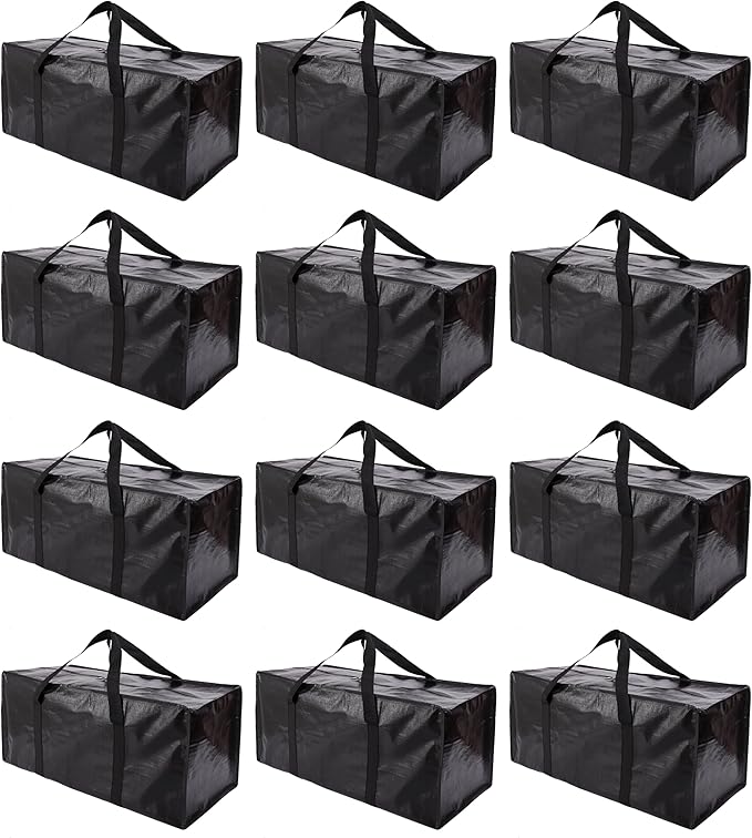 PANDA JOYS Extra Large Moving Bags with Zippers & Carrying Handles, Heavy-Duty Storage Tote for Space Saving Moving Storage, Fold Flat, Alternative to Box and Bin - 12 Pack, Black