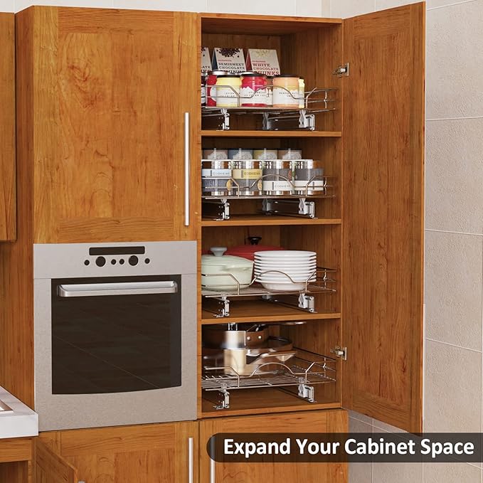 ROOMTEC Pull Out Cabinet Organizer - 11" W x 21" D, Slide Out Storage Shelves, Fits 12.5" Opening