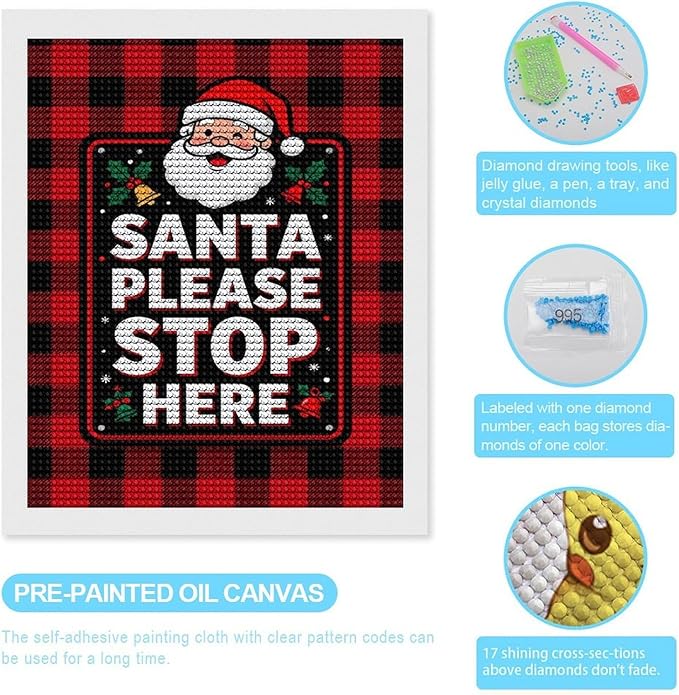 AIVKIEJK Diamond Painting Kits for Adults - Holly & Stars, Santa Please Stop Here Painting DIY 5D Full Drill Diamond Dots Paintings with Diamonds Gem Art and Crafts Home Decor 16"x20"