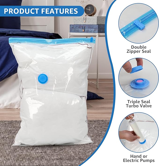 12 Jumbo Compression Storage Bags, Vacuum Seal Bags with Hand Pump for Blankets, Comforters, Bedding, Pillows and Clothes Storage
