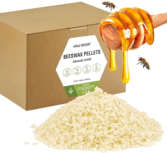 VALLYDOM Organic Beeswax Pellets - 4536g White Beeswax Pastilles, Pure Natural Bulk Bees Wax Pellets for DIY Beeswax Making Candles Skin Care Lip Balm Soap Lotion (10lb)