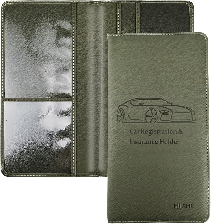 HIIXHC Car Registration and Insurance Card Holder - Leather Vehicle Glove Box Automobile Documents Paperwork Wallet Case Organizer for ID, Driver's License, Key Contact Information Cards