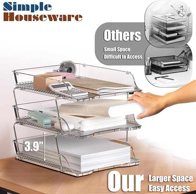 Simple Houseware 3-Tier Crystal Clear Stackable Document Letter Tray Paper Organizer - Desk Organizer for A4/Letter Size Documents, File Sorter, Paper Holder, Office Desktop File Storage, Acrylic Look