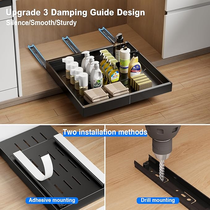MUSTORN 2 Pack Pull Out Cabinet Organizer Expandable, 21"Deep Slide Out Drawer for Cabinets Adhesive Pull Out Drawers Heavy Duty Pull Out Shelves for Kitchen, Cupboard, Pantry, Bathroom(Black)