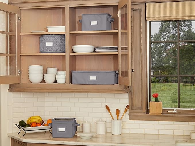 Covermates Dish Storage Box Set – China & Dinner Plate Storage Containers with Felt Dividers, Dual Zippers, Reinforced Handles, ID Window & Stackable Design, Graphite