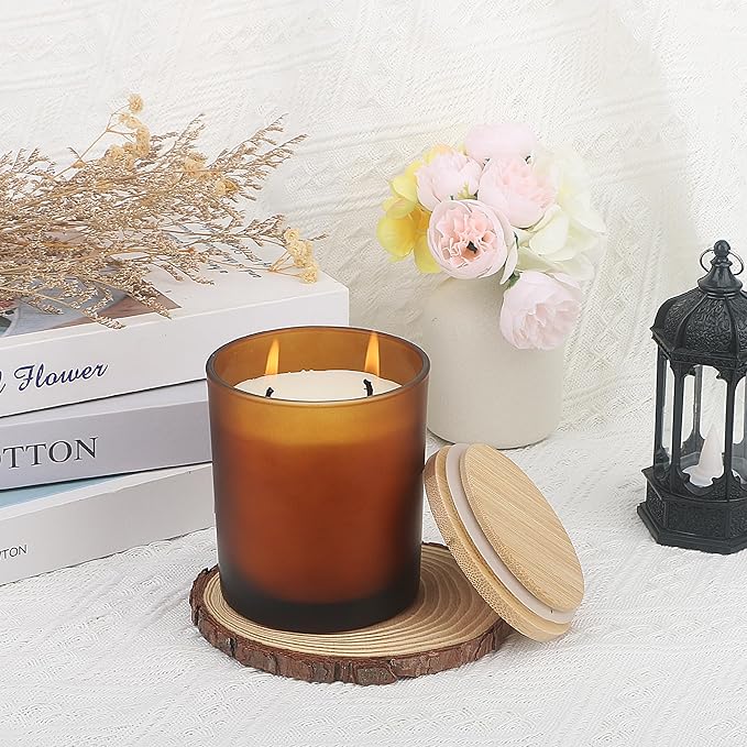 MILIVIXAY 12Pack 12 OZ Frosted Amber Thick Glass Candle Jars with Lids - Bulk Empty Candle Jar for Making Candles - Spice, Powder Containers.