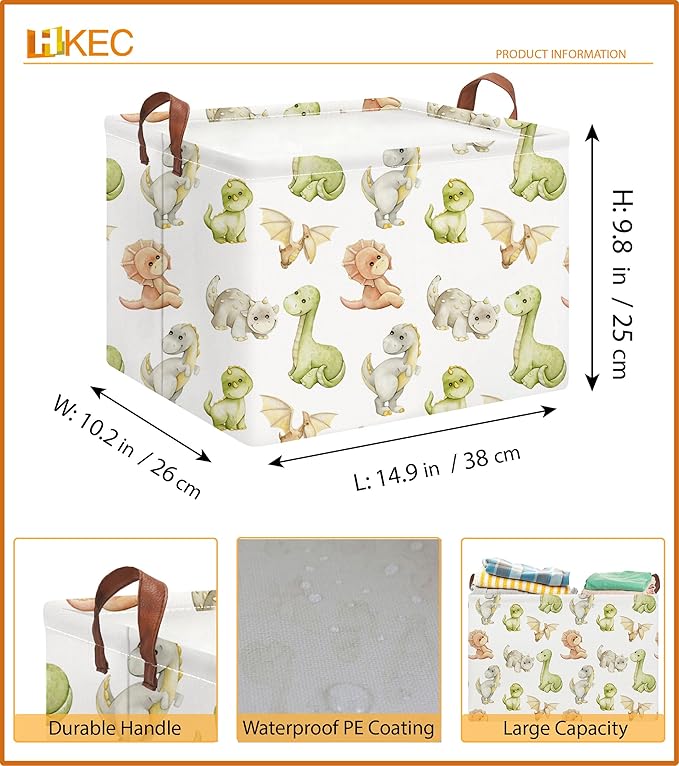 Rectangle Storage Basket with Handles,Collapsible Storage Bin,Books Box,Gift Basket(Watercolor Dinosaur)