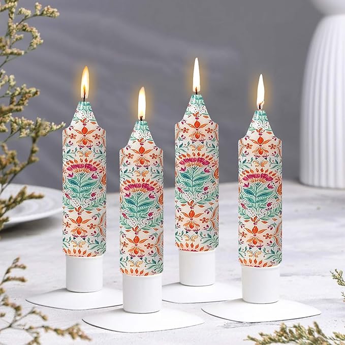 5 inch Short Candle Floral Candle Sticks Printed Candlestick Handmade Unscented Taper Candle 4 Pack Retro Flower Tapered Candles for Home Dinner Wedding Holiday