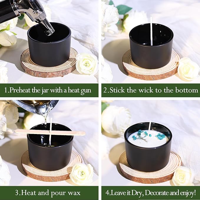 CONNOO 15 Pack 4 OZ Matte Black Glass Candle Jars with Airtight Bamboo Lids for Making Candles, Bulk Small Wide Mouth Empty Candle Containers with Sticky Warning Labels - Dishwasher Safe