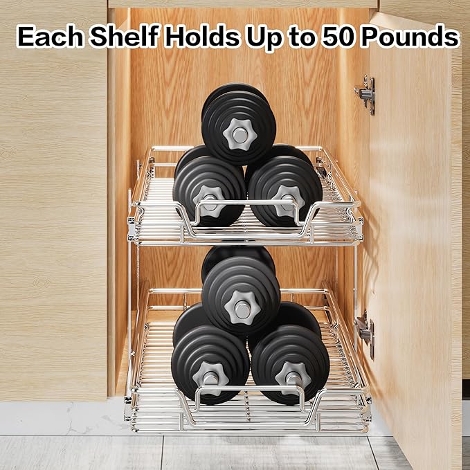 2-Tier Kitchen Cabinet Pull Out Shelf and Drawer Organizer Slide Out Pantry Storaqe Basket in Multiple Sizes (15" W x18 D)