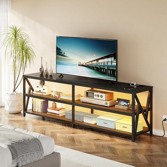 Lvifur 83“ LED TV Stand for 85 75 65 inch TV, Auto Sensor Entertainment Center with RGB Dimmable Lights, TV Console Table with Open Storage Shelves and Metal Frame (Black)
