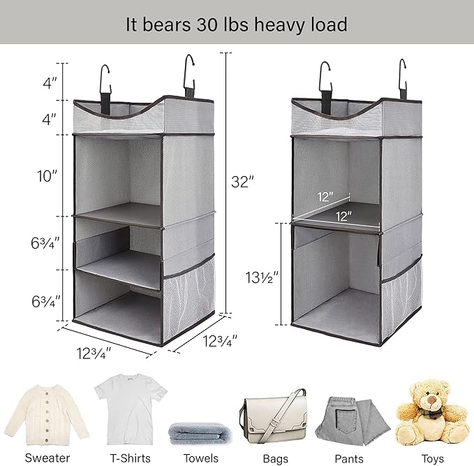 StorageWorks Hanging Closet Organizer, 3-Shelf Hanging Closet Shelves with Top Shelf, 12 ¾" W x 12 ¾" D x 32" H, Extra-Large Space, Blue & Gray