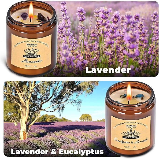2 Pack Scented Candles Gift Set, Lavender Candles for Home Scented with Crystals 7oz, Eucalyptus Lavenderjar Candle with Dried Flowers, Aromatherapy Candle for Birthday, Mother'S Day, Christmas
