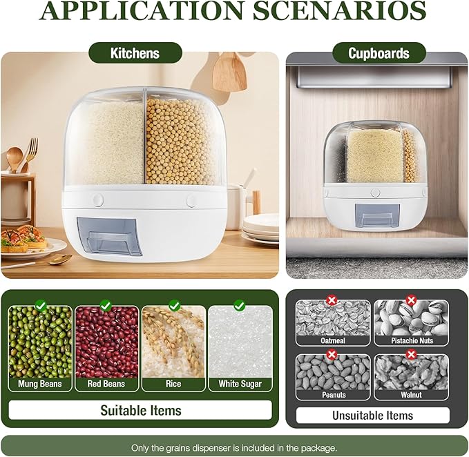 Rotating Dry Storage 6 Grid Cereal Storage Container Dispenser Countertop, Grain Organizer and Dispenser Round 360 Food Rotating Dispenser for Store Rice, Red Beans, Yellow Beans