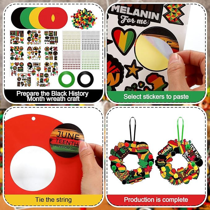 Hollowfly 48 Sets Juneteenth Wreath Craft Kits DIY Juneteenth Wreath Hanging Ornaments African American Paper Arts Craft with Stickers Gifts for June 19th Freedom Independence Day Party Activities