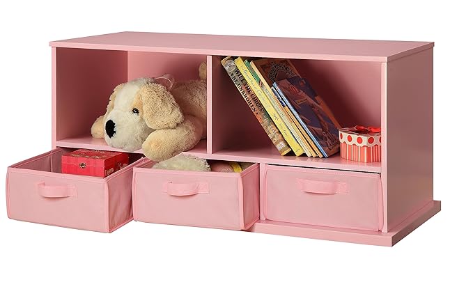 Badger Basket Stackable Toy Storage Organizer - 5-Shelf Modular Unit with 3 Removable Fabric Bins, Solid Panel Construction, Expandable Design for Toys and Crafts - Pink