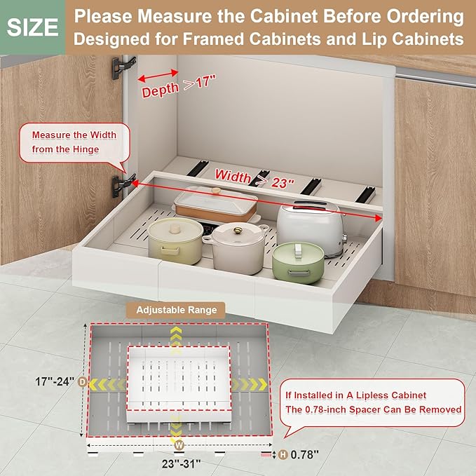 Pull out Cabinet Organizer,Expandable Width(23"-31"),Depth(17"-24") with 5 Rails,Roll out Drawers,No Drill Adjustable Slide out Shelves for Kitchen,Pantry,for Both Lip and Lip-Free Cabinets,White(1PC)