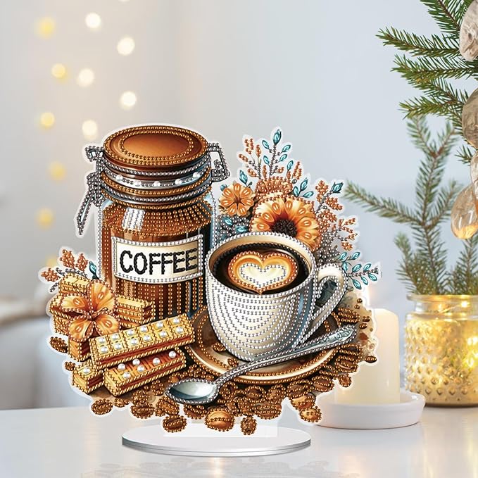 antor DIY Diamond Painting Desktop Ornament Coffee, 10x9.3in Acrylic Special Shape Diamond Art Kit Ornaments with Stand, Coffee and Chocolate Design, Tabletop Decoration for Home Crafts Gifts