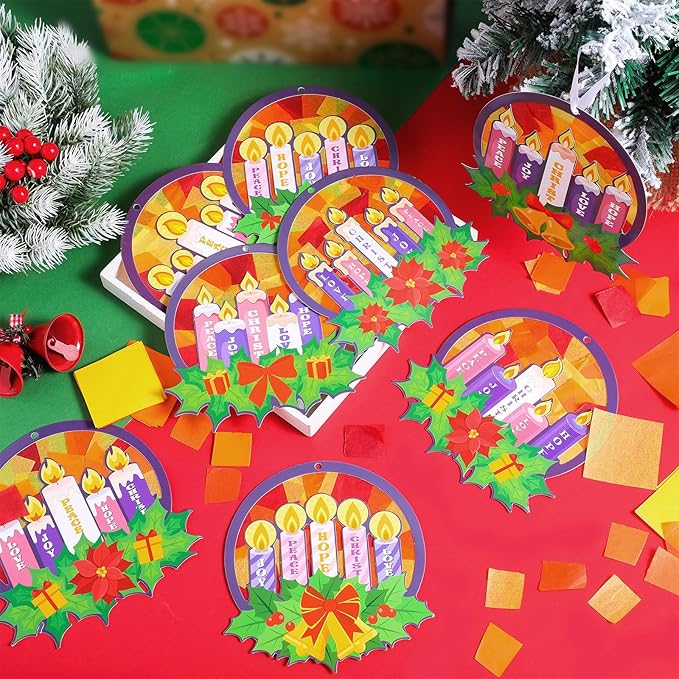 Tinlade 32 Packs Christmas Advent Wreath Suncatchers Crafts Make Your Own Advent Candle Suncatchers DIY Tissue Craft Gifts Joy Christ Hope Hanging Ornaments Xmas Home Church Classroom Activities