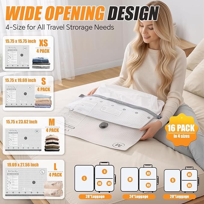 Travel Vacuum Storage Bags with Pump, 16 Pack Carry-on Compression Packing Bags + Portable Electric Pump, 80% Space Saver of Clothes, Vacuum Seal Bags for Clothing Travel Luggage