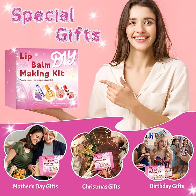 DIY Lip Balm Making Kit for Adults to Make Your Own Moisturizing Lip Balms with Natural Beeswax, Lip Base Oil, Essential Oil, Empty Lip Balm Tubes，Birthday Christmas Gift