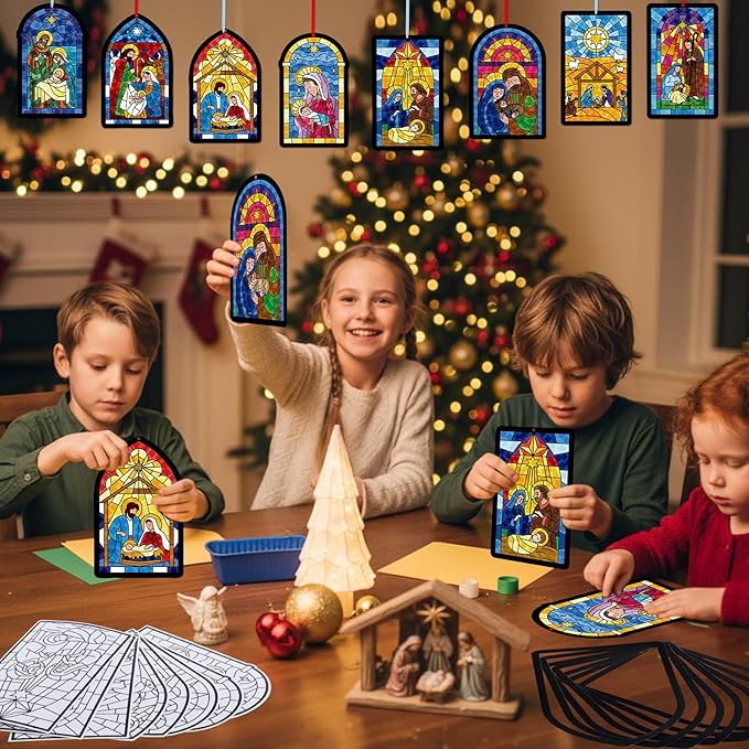 Tinlade 32 Set Winter Nativity Scene Suncatchers Craft Kit DIY Christian Suncatcher Crafts with Tissue Paper Religious Arts Projects Window Stained Glass Hanging Ornaments Winter School Activities