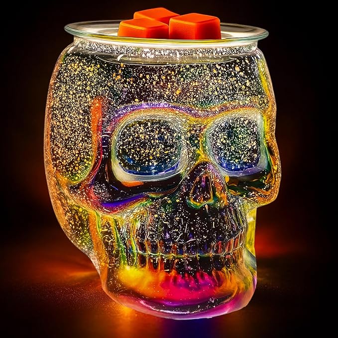 Wax Melt Warmer, Wax Warmer for Scented Wax with Light Bulb, Electric Skull Wax Burner, Halloween Fragrance Wax Melter for Home and Gifts (Rainbow Skull)