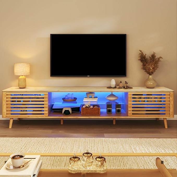 HUAHUU 70" TV Stand for 55/65/75 Inch TV, Faux Marble Top Entertainment Center with Slatied Sliding Door & LED Lights, Mid Century Modern Style, Low TV Console with Glass Shelves for Bedroom