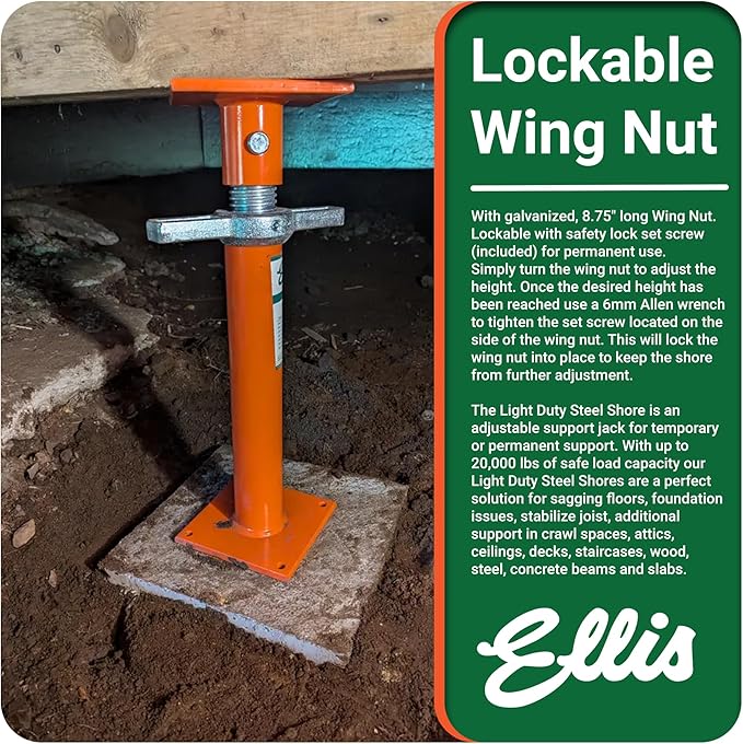 Ellis Manufacturing Light-Duty Steel Construction Jack - Adjustable Screw Jack Post for Floor Leveling, Beams, and Concrete - 18,000 lb Load Capacity - 19"-27" Adjustment, House Jacks for Leveling