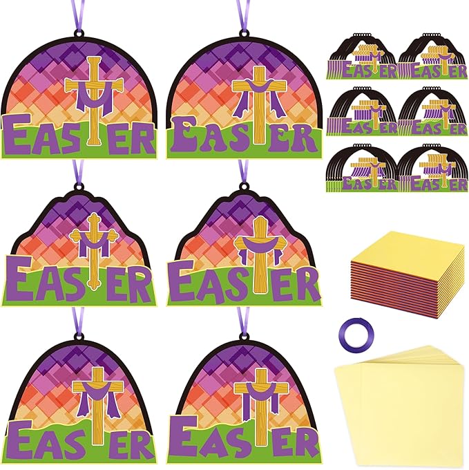 Qyeahkj 36 Set Religious Easter Cross Suncatchers Crafts for Kids DIY Christian Resurrection Window Tissue Paper Craft Kit Hanging Decor for Sunday School Activity Art Project Birthday Party Favor