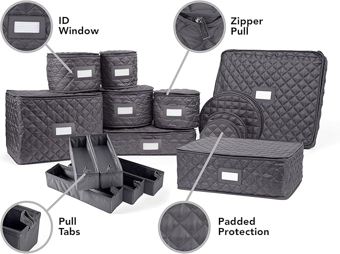 Covermates Keepsakes Dish Storage Set – Padded China & Dinnerware Storage Cases with Dividers, Cup & Stemware Storage, Quilted Polyester Protection, ID Window, Slate