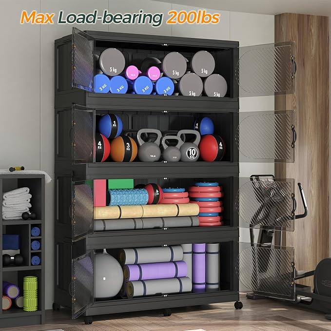 180GAL Plastic Storage Bins with Lid, 720QT Extra Large Stackable Closet Organizers and Storage, Collapsible Storage Boxes with Wheels, Folding Cabinet for Home Kitchen Office, 3Pack Black