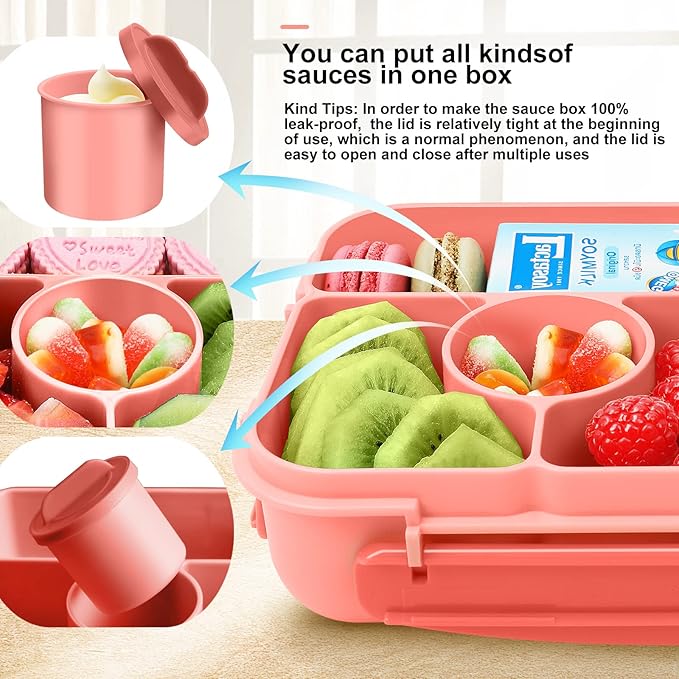 Kids & Adult Bento Lunch Box - 5 Compartment Lunch Containers, Sauce Vontainers, Microwave, Dishwasher & Freezer Safe (Pink)