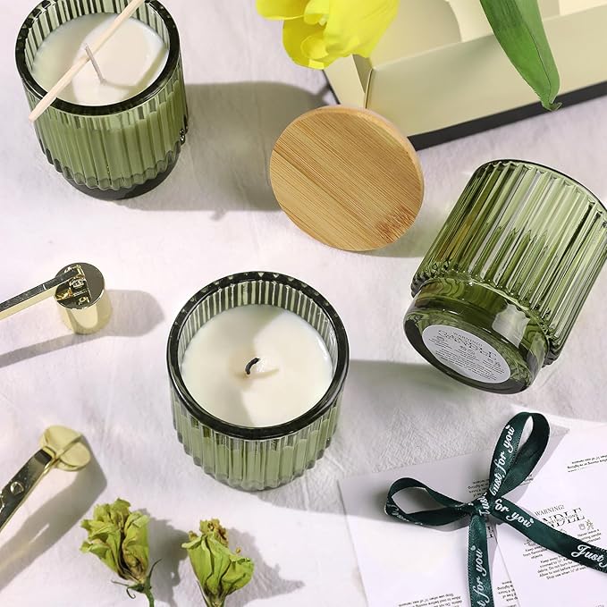 DEVI 7oz Empty Green Ribbed Glass Candle Jars - Set of 8, Glass Candle Containers with Bamboo Lids, Bulk Supplies for Gifts & Wedding Decorations