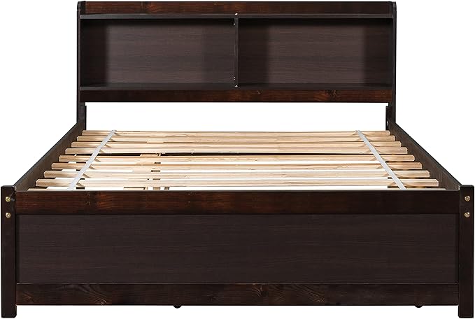Harper & Bright Designs Full Size Bed Frame with Bookcase Headboard, Wooden Full Size Platform Bed with Trundle and Storage for Kids Girls Boys, No Box Spring Needed, Easy Assembly, Espresso