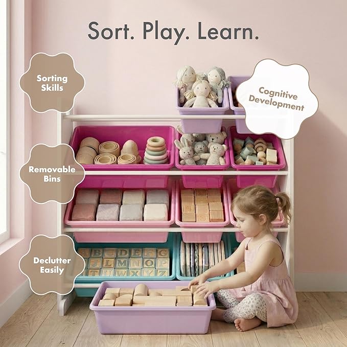Humble Crew Kids Toy Storage Organizer with 12 Plastic Bins, White/Pink/Purple/Turquoise – Removable Bins for Playroom, Bedroom, Toddler Furniture for Boys and Girls Ages